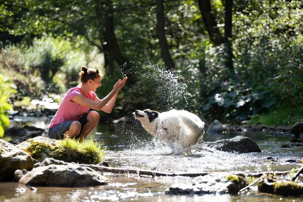 Young Woman Playing Her Dog Shallow River Water Woods — Stock Photo, Image