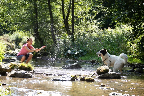 Junge Frau Spielt Mit Hund Flachen Flusswasser Wald — Stockfoto