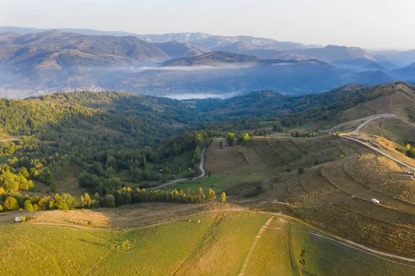 Aerial View Endless Lush Pastures Transylvania Beautiful Romanian Countryside Emerald — Stock Photo, Image