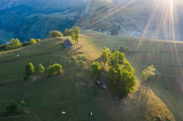 在空中俯瞰无尽的宁静草原 美丽的罗马乡村 绿油油的田野和草地 日出时分的乡村风景 — 图库照片
