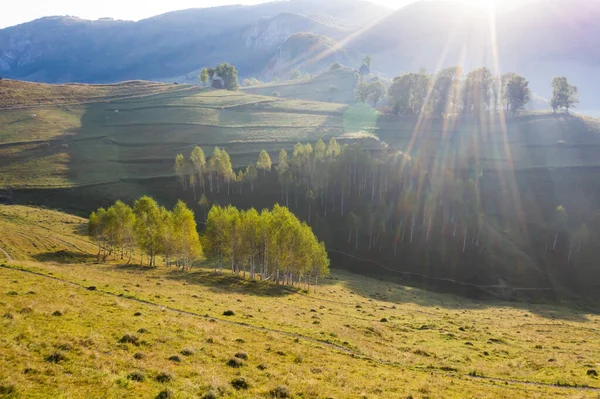 Aerial View Endless Lush Pastures Transylvania Beautiful Romanian Countryside Emerald — Stock Photo, Image