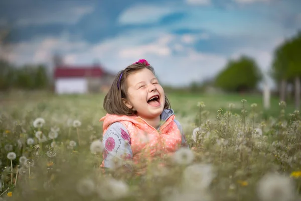 Sweet Little Girl Having Fun Spring Dandelion Field — Stock Photo, Image