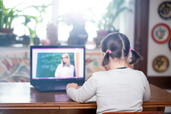 Distance Learning Online Education School Girl Watching Online Education Classes — Stock Photo, Image