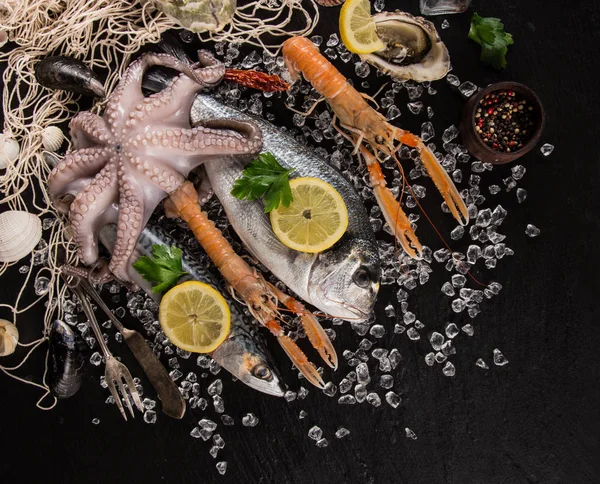 Fresh seafood on crushed ice. — Stock Photo, Image