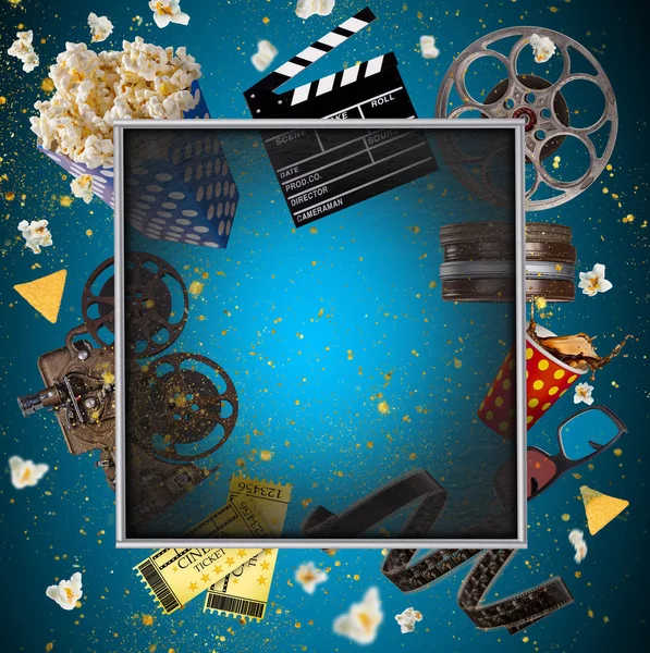 Cinema concept of vintage film reels, clapperboard and projector. — Stock Photo, Image