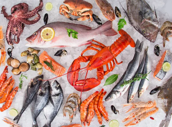 Ezilmiş buzda servis edilen taze deniz ürünleri..