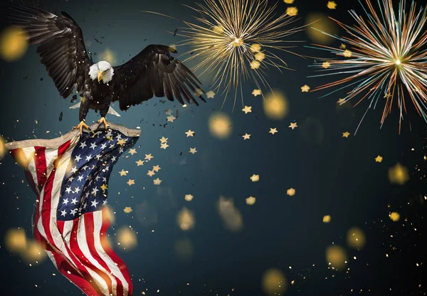Bald Eagle flying with American flag — Stock Photo, Image
