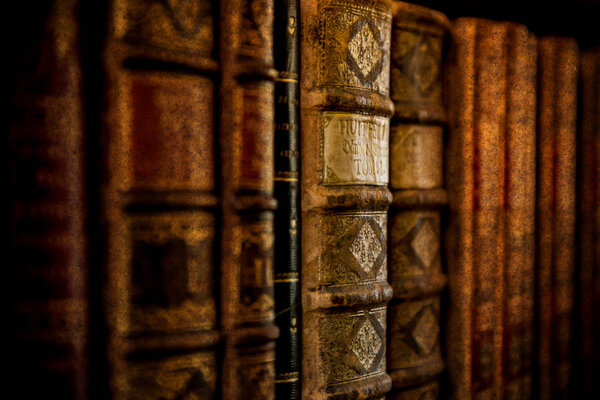 Antiquarian vintage books in old library, close-up.