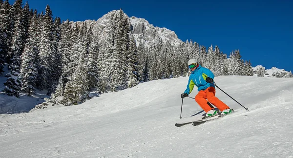 Yüksek dağlarda kayak yapan kayakçı.