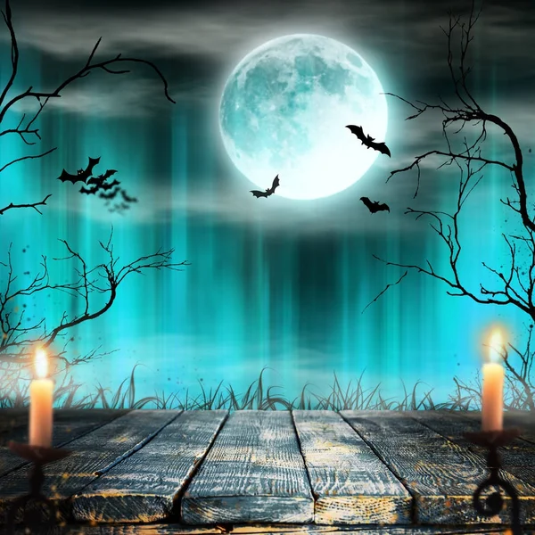 Spooky Halloween achtergrond met kaarsen. — Stockfoto