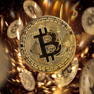 Bitcoin altın sikke ufuk arka plan ile. Sanal cryptocurrency kavramı.