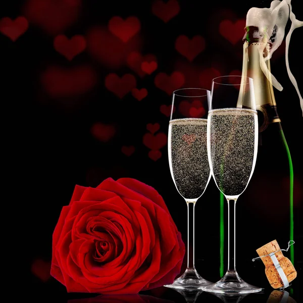 Fond Saint Valentin avec champagne et roses — Photo