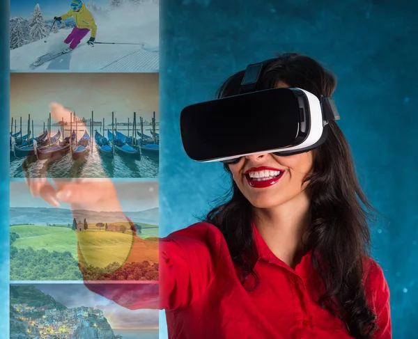 Mujer feliz con gafas de realidad virtual . — Foto de Stock