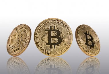 Bitcoins altın sikke üzerinde açık gri renkli.
