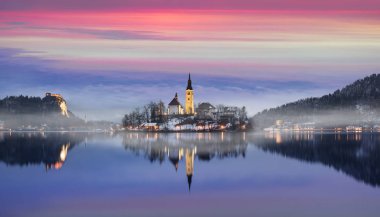 Amazing sunset at the lake Bled in winter, Slovenia. clipart