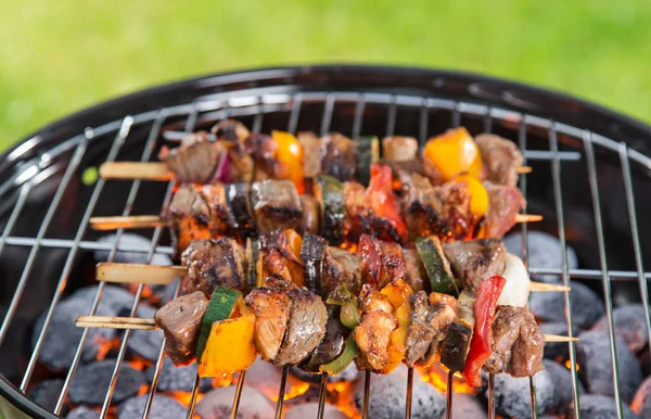 Barbecue grill avec brochettes savoureuses, gros plan. — Photo