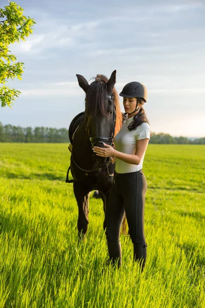 日の出彼女の馬と若い女性. — ストック写真