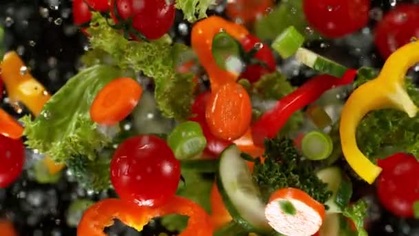 Verse groenten met waterdruppels exploderen op zwarte achtergrond. — Stockvideo