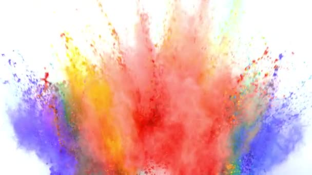 Colorful powder exploding on white background in super slow motion. — Stock Video