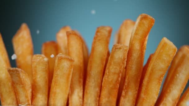 Detalhe Super Slow Motion Tiro de adicionar sal em batatas fritas frescas — Vídeo de Stock