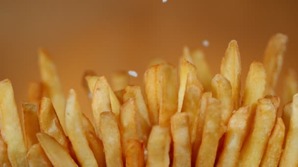 Super ralenti Détail Prise de vue de l'ajout de sel sur les frites fraîches — Video