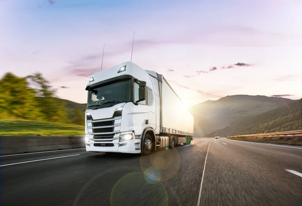 Vrachtwagen met container op de weg, vrachtvervoer concept. — Stockfoto