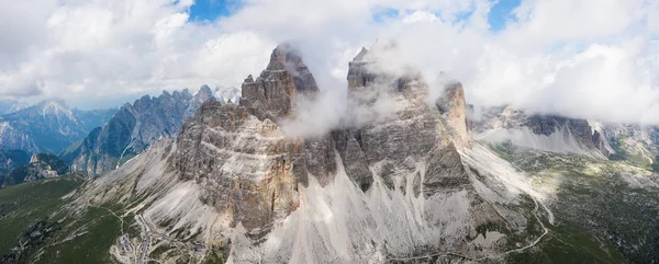 Aerial view of Tre Cime di Lavaredo with clouds — Stock Photo, Image