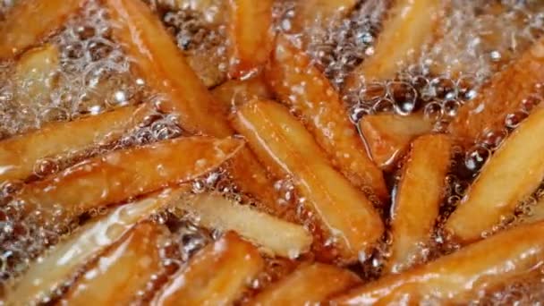 Повільний рух приготування картоплі фрі у фритюрі — стокове відео