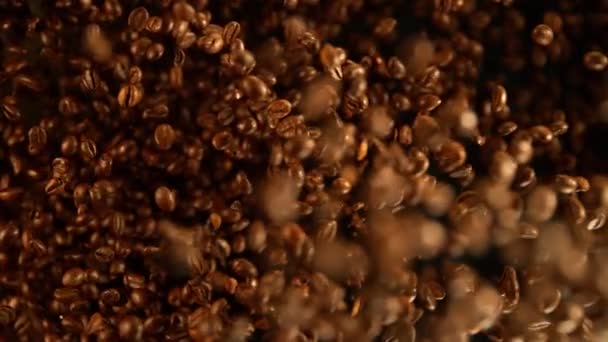 Super slow motion av flygande kaffebönor. 4k Uhd — Stockvideo