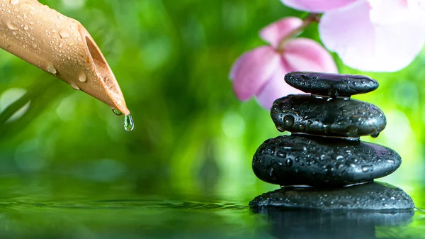 Fuga de agua corriente de bambú, spa y el concepto de bienestar. —  Fotos de Stock