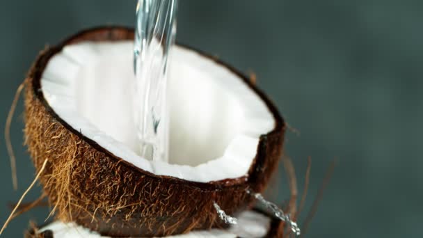 Långsam rörelse av vatten stänk på kokos — Stockvideo