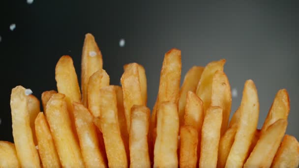 Super Slow Motion Detail Shot of adding Salt on Fresh French Fries — Stock Video