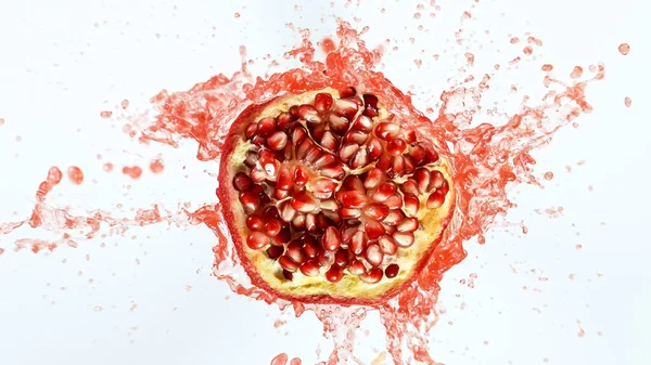 Freeze motion of sliced pomegranate with splashing juice. — Stock Photo, Image