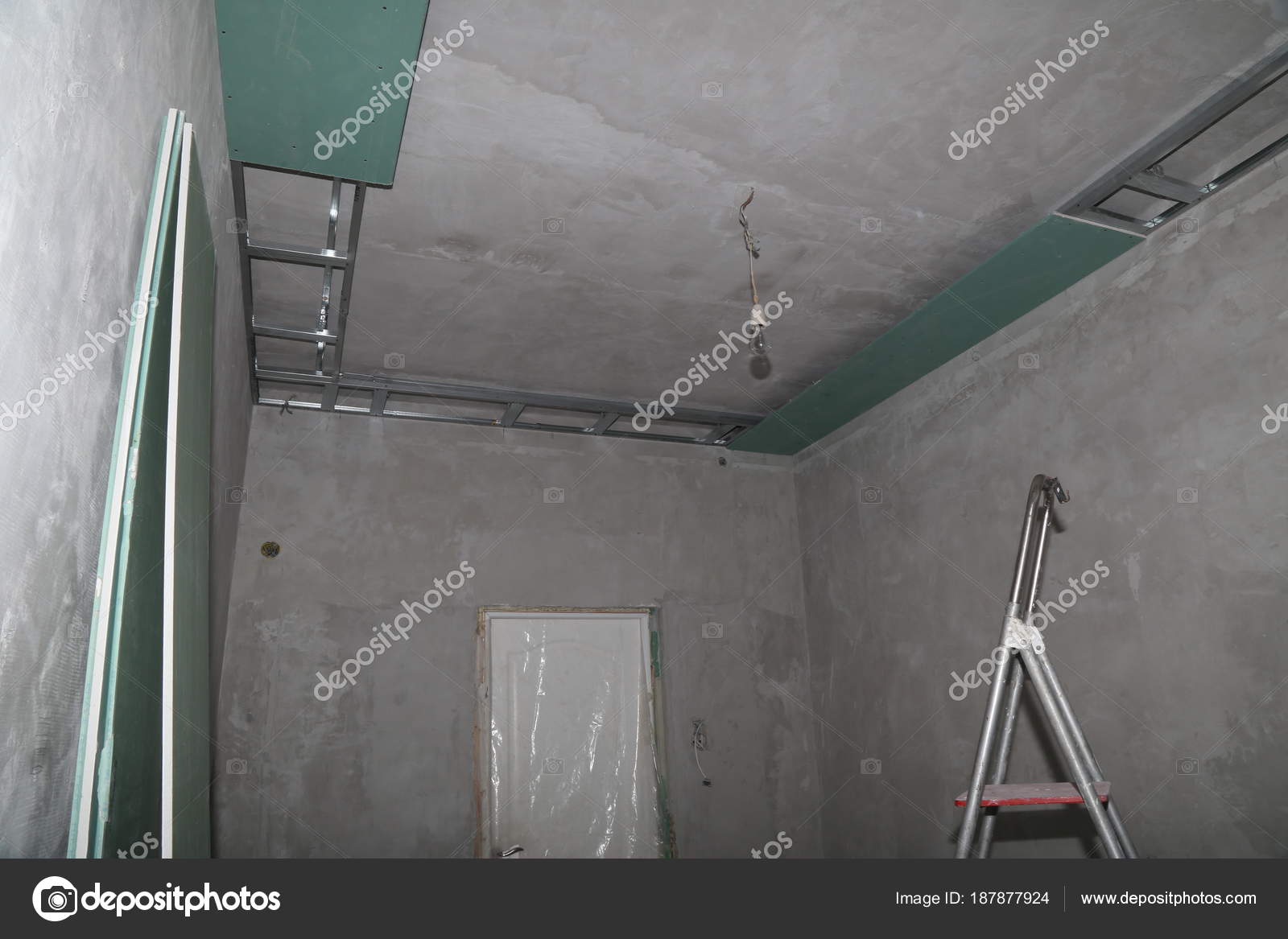 Fixing Plaster Boards Ceiling House Construction Stock Photo