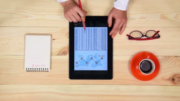 Бизнесмен анализирует финансовый отчет с помощью планшета на деревянном столе в офисе — стоковое видео