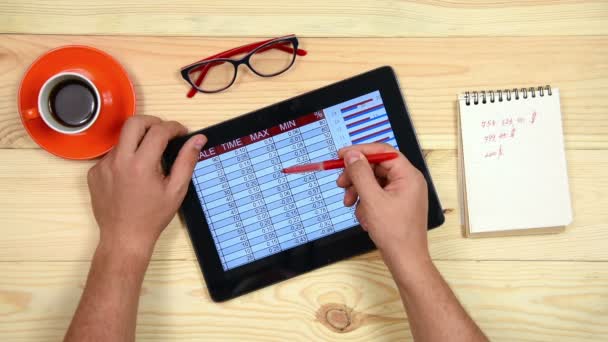 Handelaar Man touchpad gebruiken om statistische gegevens te analyseren. Van bovenaf bekijken — Stockvideo