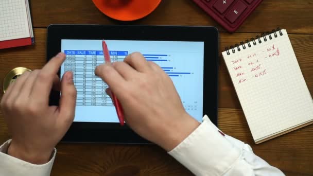 Trader Man Analyzing Report On Tablet And Drawing Profit — Stock Video