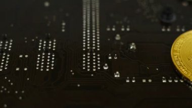 Bilgisayar anakart üzerinde altın Bitcoin Cryptocurrency. yakın çekim
