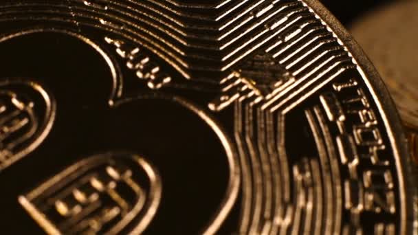 Stoh Zlatých Bitcoin Kryptoměn Virtuální Mince Extrémní Zblízka — Stock video