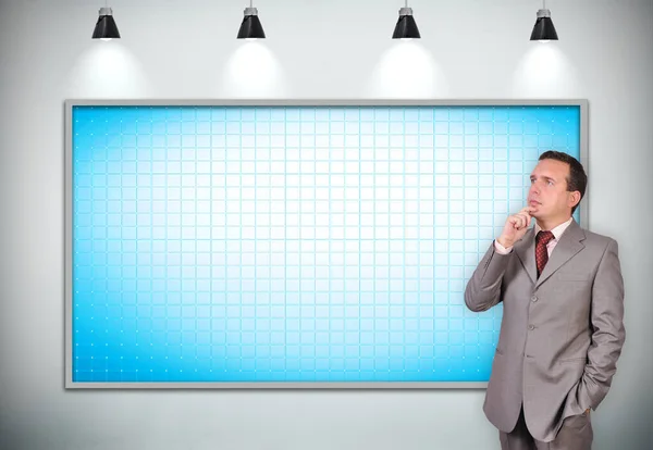 Pensive Trader Standing Blank Screen Business Technology Communication Concept — Stock Photo, Image