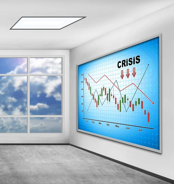 Crisis chart on blue screen plasma panel in office interior. Business and bankruptcy concept.