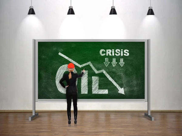 Ingenieur Vrouw Tekent Oliecrisis Krijtbord Begrip Zakelijke Financiële Crisis — Stockfoto