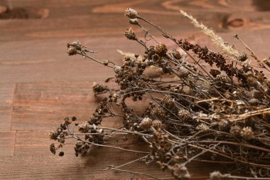 kuru otlar ve ahşap masa portre çiçekler