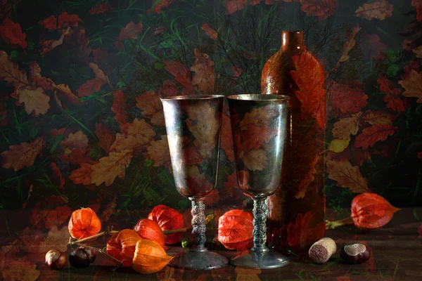 Double exposure still life, autumn leaves and trees. Autumn Still Life in art processing — Stock fotografie