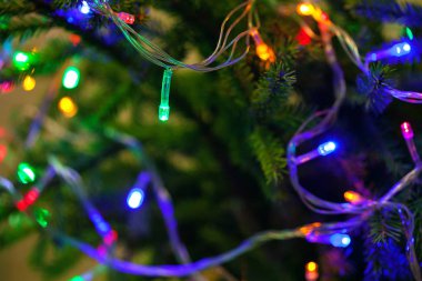 Noel ağacı çelenk ile dekore edilmiş yakın çekim. Noel arka plan, yeni yıl