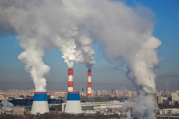 Enorme Witte Rookt Coming Out Van Veel Fabriek Schoorstenen — Stockfoto