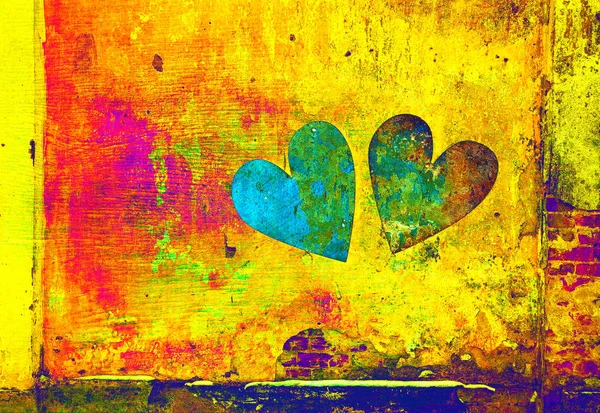 Creatieve harten. Dubbele blootstelling, lichte multi-gekleurde achtergrond, grunge kunst achtergrond, textuur — Stockfoto