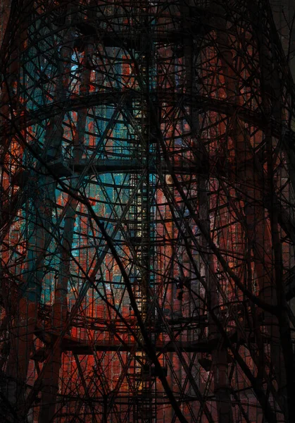 Abstract the stripes are black on a colored background. Double exposure of metal structures of towers and wall color. Part of the metal tower — Stock Photo, Image