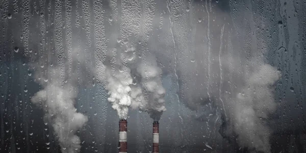 Powietrza, zanieczyszczenia, problemy środowiskowe, efekt cieplarniany. Dymiące kominy — Zdjęcie stockowe
