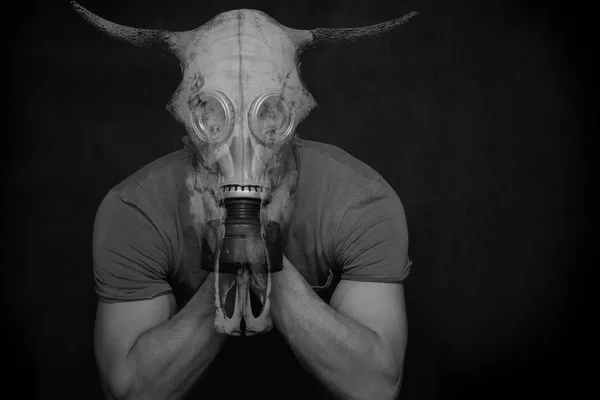 A mystical, fantastic photo - a double exposition - a man in a gas mask and a bull's skull
